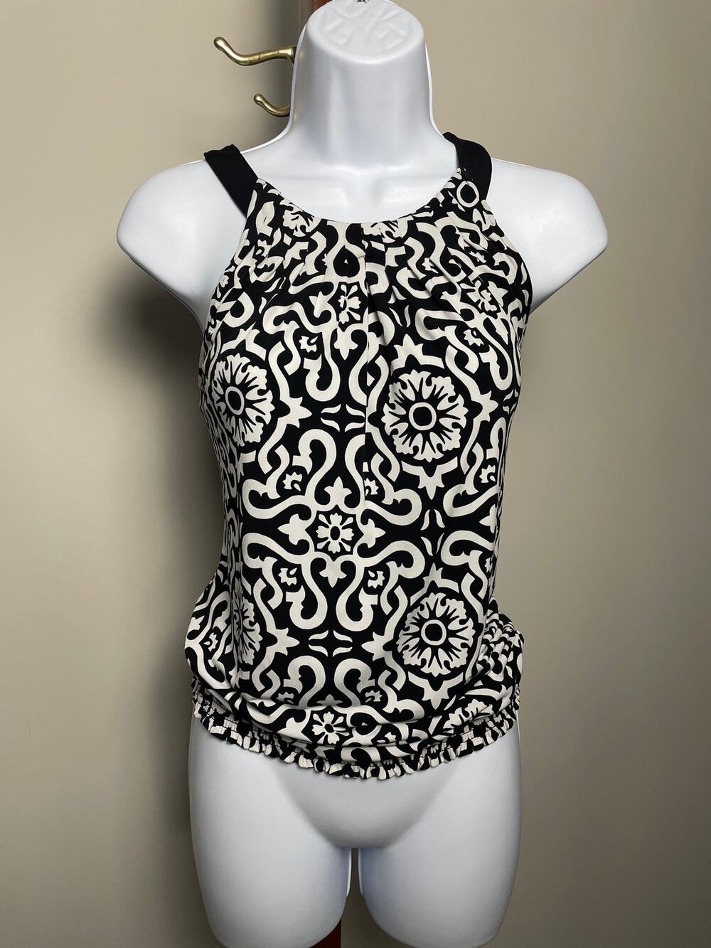 White House Black Market Size S Black Halter Top White Boho Design
